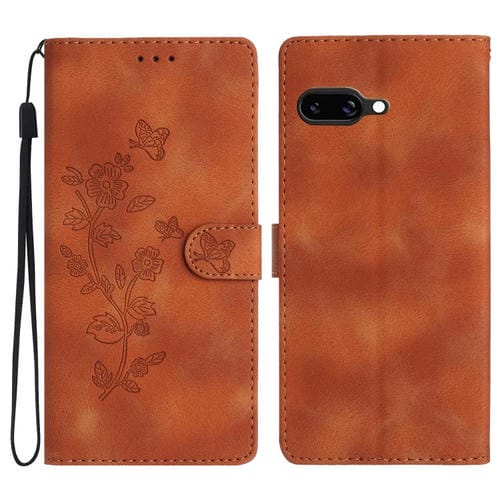 Funda de Cuero con Estampado de Flores y Mariposas para Google Pixel 9A (Marrón)