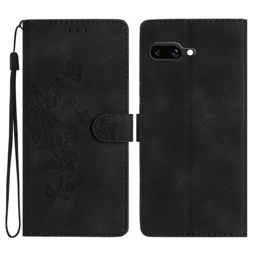 Funda de Cuero con Estampado de Flores y Mariposas para Google Pixel 9A (Negra)