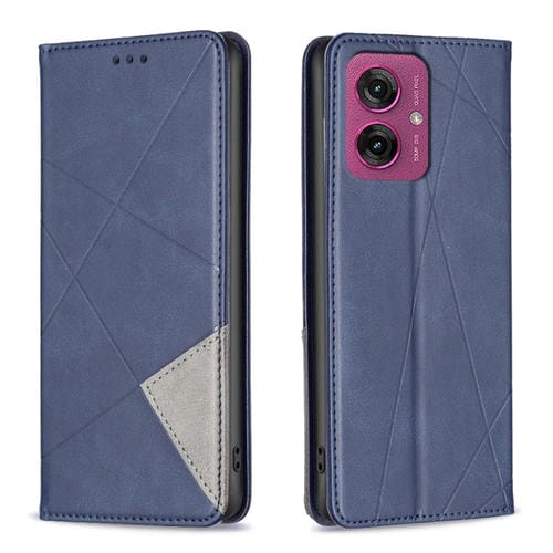 Funda de Cuero Magnética con Textura de Rombos para Motorola Moto G55 (Azul)
