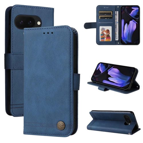 Funda de Cuero para Google Pixel 9A con Botones de Metal y Diseño Árbol de la Vida (Azul)