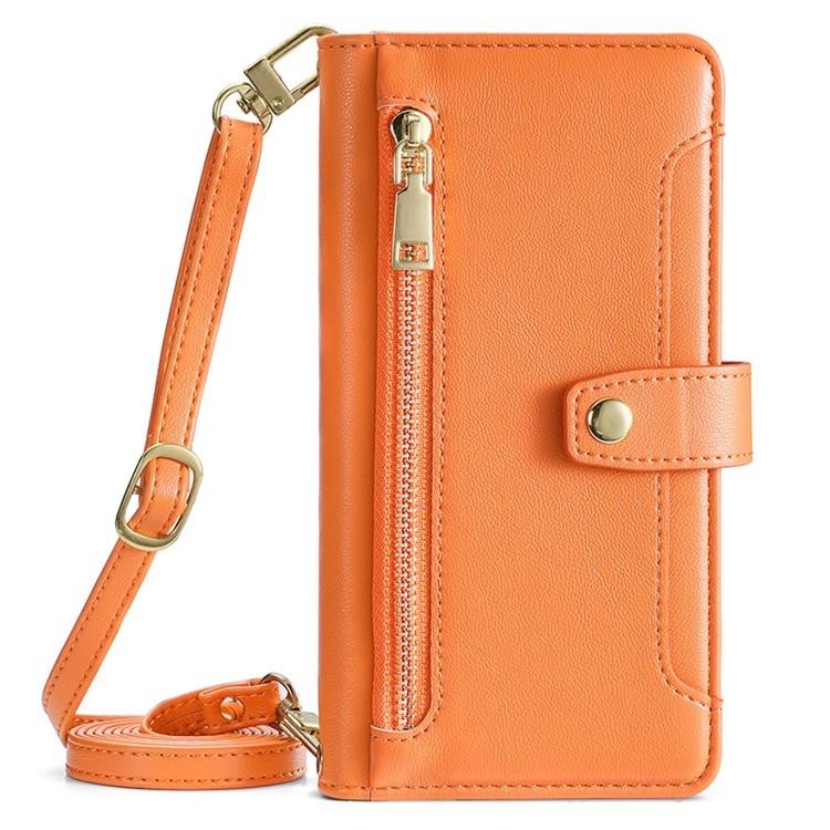 Funda de Cuero Tipo Cartera con Cremallera y Textura de Oveja para Realme 14 Pro 5G Global (Naranja)