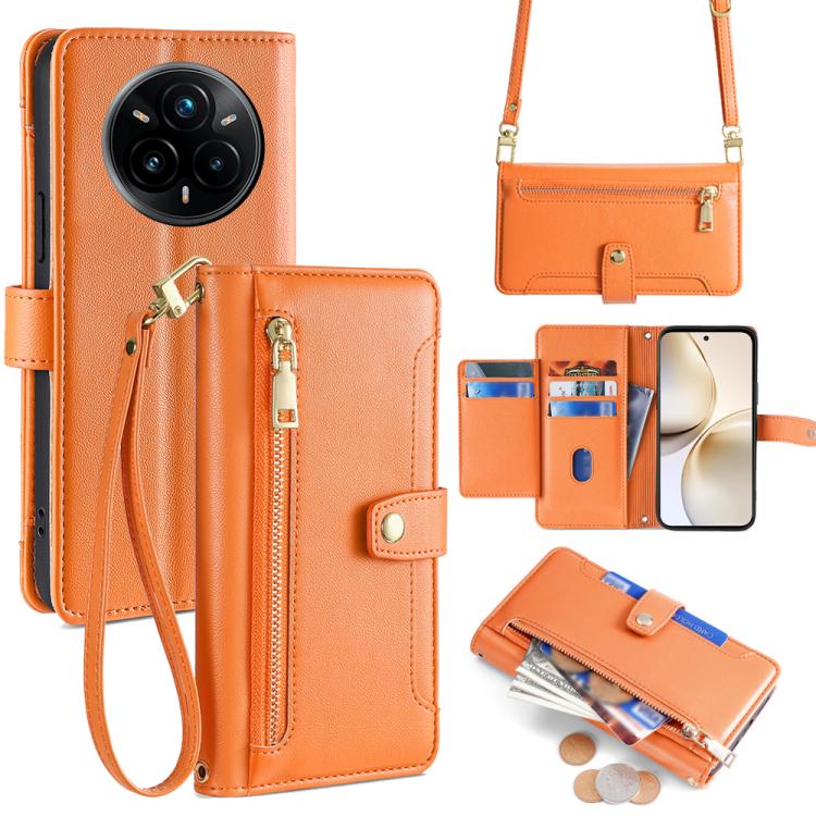 Funda de Cuero Tipo Cartera con Cremallera y Textura de Oveja para Realme 14 Pro+ 5G (Naranja)