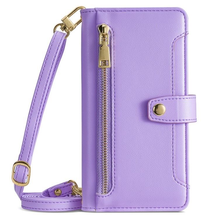 Funda de Cuero Tipo Cartera con Cremallera y Textura de Oveja para Realme 14 Pro+ 5G (Morada)