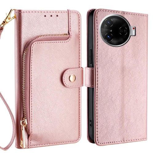 Funda de Cuero con Cremallera para Teléfono Tecno Camon 30 Pro 5G (Oro Rosa)