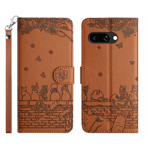 Funda de Cuero con Estampado de Gato y Cordón para Google Pixel 9A (Marrón)