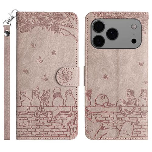 Funda de piel con estampado de gato y cordón para iPhone 17 Pro Max (gris)