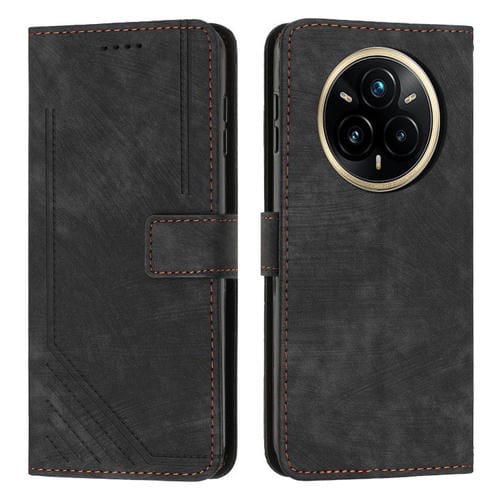 Funda de Cuero con Estampado de Rayas y Cordón para Realme 14 Pro (Negro)