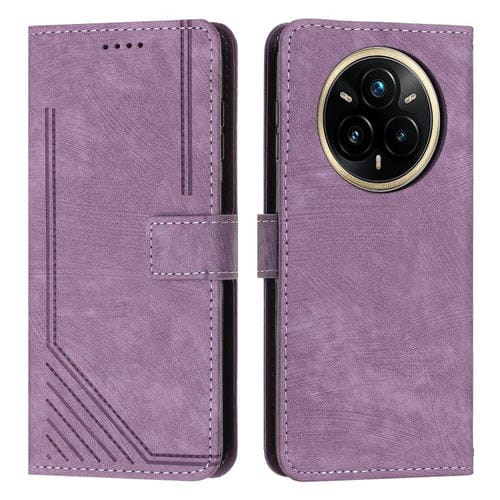 Funda de Cuero con Estampado de Rayas y Cordón para Realme 14 Pro+ (Morado)