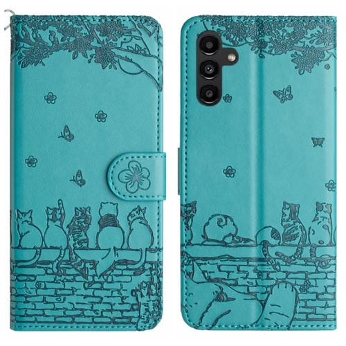 Funda para Teléfono Samsung Galaxy A35 Cuero Estampado de Gato con Cordón (Azul)