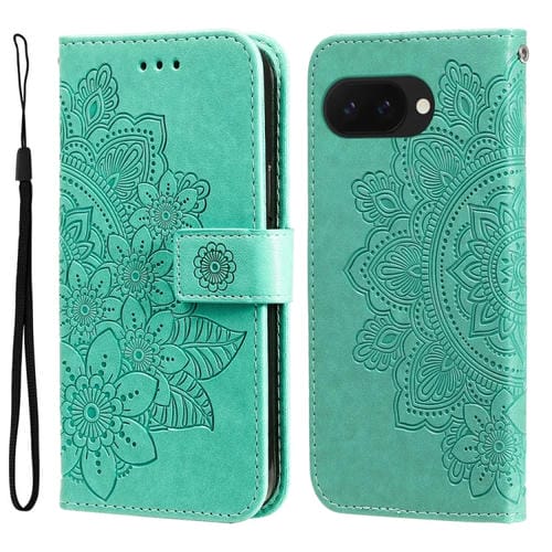 Funda de Cuero con Relieve de Flores de Siete Pétalos para Google Pixel 9A (Verde)