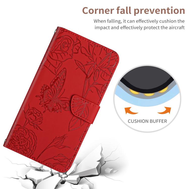 Funda de Cuero con Relieve Peonía y Mariposa para OnePlus 13R (Rojo)