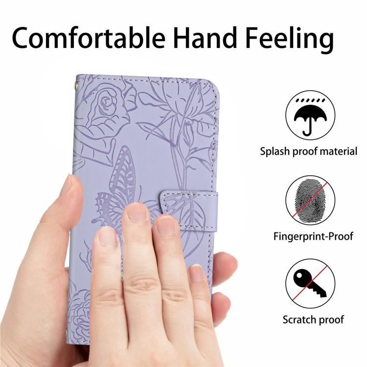 Funda de Piel con Relieve Peonía y Mariposa para OnePlus 13R (Morado)