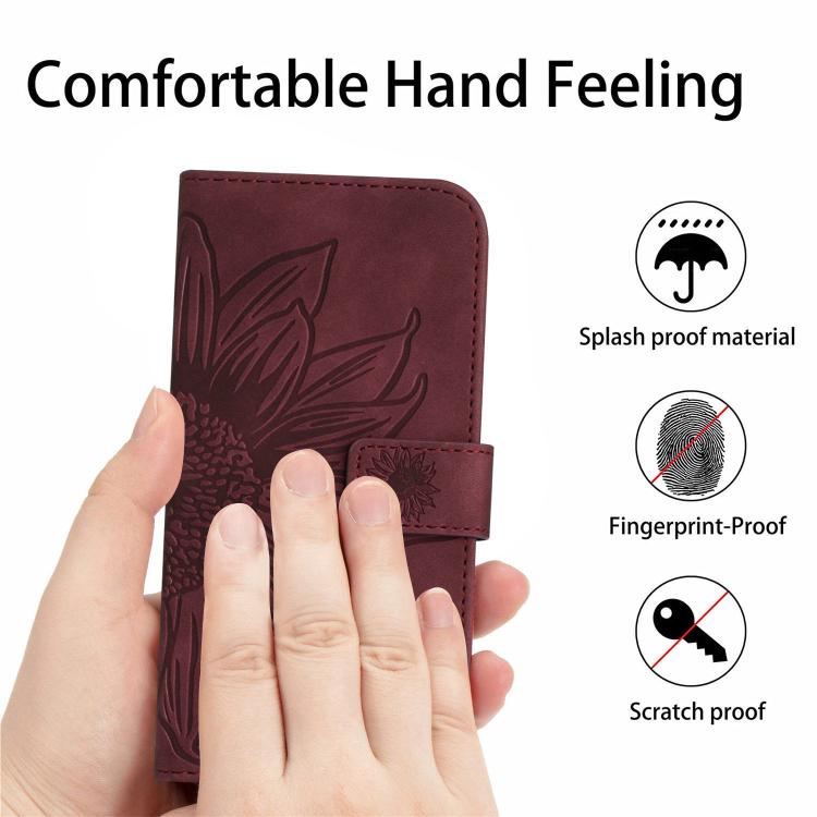 Funda de Piel con Relieve de Girasol para OnePlus 13R (Rojo Vino) Tacto Suave