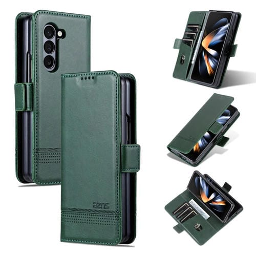 Para Samsung Galaxy Z Fold5 5G AZNS Funda de teléfono con tapa de cuero con textura de becerro magnético (verde oscuro)