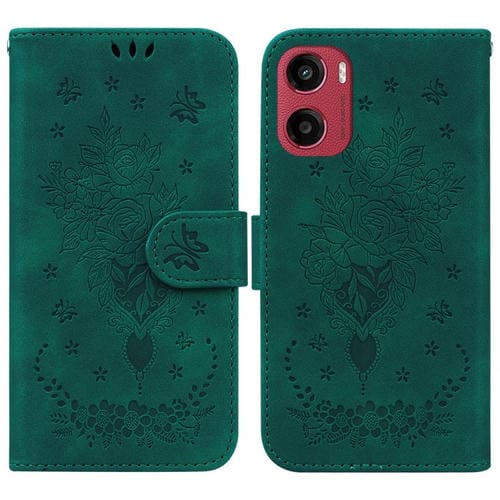 Funda de Cuero con Relieve Mariposa y Rosa para Motorola Moto G05/E15 (Verde)