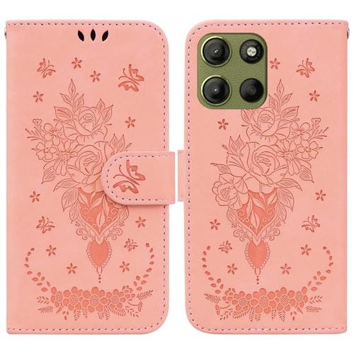 Funda de Cuero con Relieve de Mariposa y Rosa para Motorola Moto G15 (Rosa)