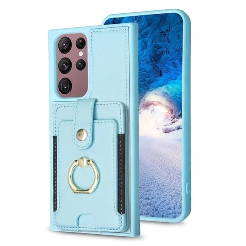 Para Samsung Galaxy S22 Ultra 5G BF27 Anillo de metal Tarjeta Bolsa Titular Caja del teléfono (Azul)