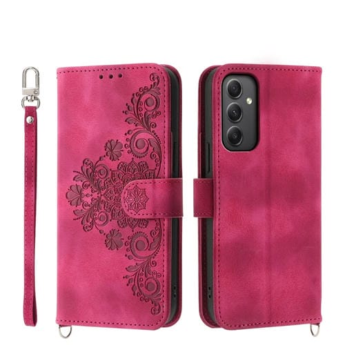 Funda para Teléfono Samsung Galaxy A35 Cuero con Billetera En Relieve y Flores (Rojo Vino)
