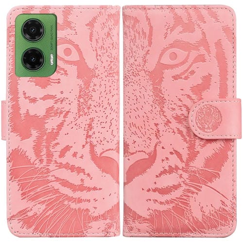 Funda de Cuero con Estampado de Tigre para Motorola Moto G35 (Rosa)