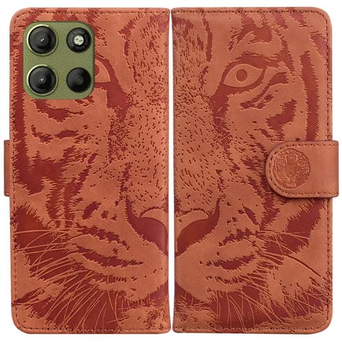 Funda de Cuero con Estampado de Tigre para Motorola Moto G15 (Marrón)