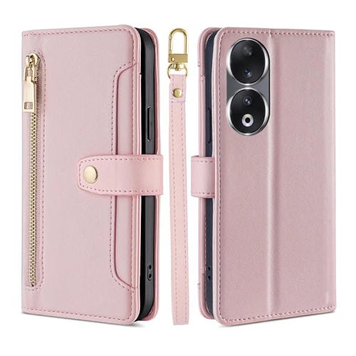 Funda de Cuero para Honor 90 5G Lite con Textura Sheep y Cartera con Cremallera (Rosa)