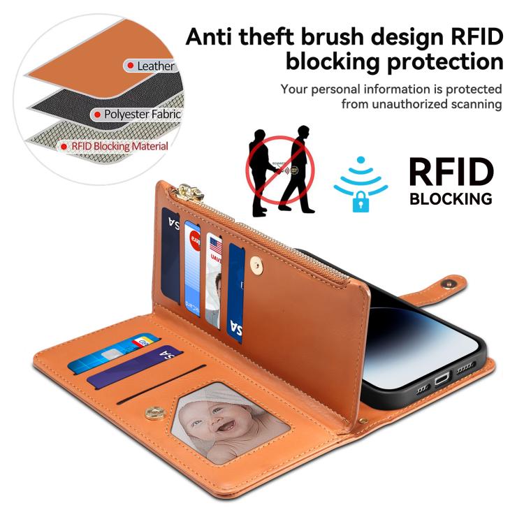 Estuche de Cuero Rfid con Cremallera y Cordón Serie Star Eseble para iPhone 16E (Marrón)