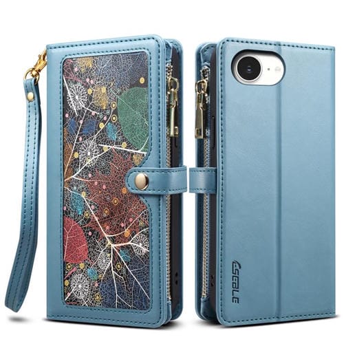 Estuche de Cuero Rfid Eseble Serie Star para iPhone 16E con Cremallera y Cordón (Azul)