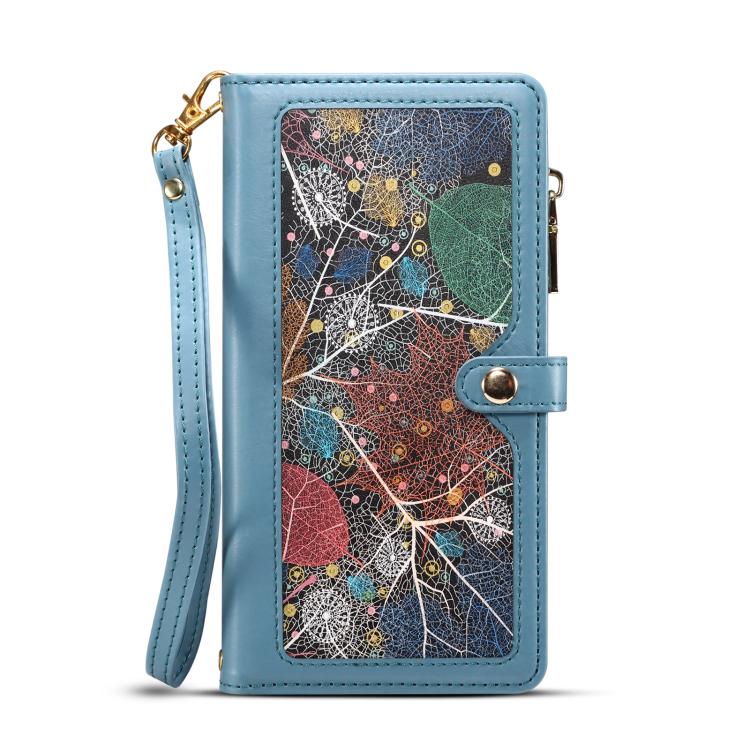 Estuche de Cuero Rfid Eseble Serie Star para iPhone 16E con Cremallera y Cordón (Azul)