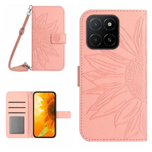 Funda de Cuero Honor X8C 4G con Diseño de Girasoles y Cordón (Rosa)