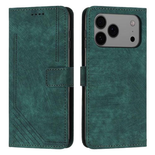 Funda de piel con estampado de rayas y cordón para iPhone 17 Pro Max (verde)
