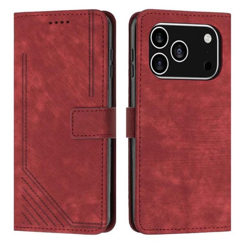 Funda de piel con estampado de rayas y cordón para iPhone 17 Pro (roja)