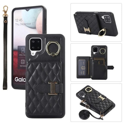 Funda para Samsung Galaxy A12 Horizontal Card Bag Ring Holder con Doble Cordón (Negro)