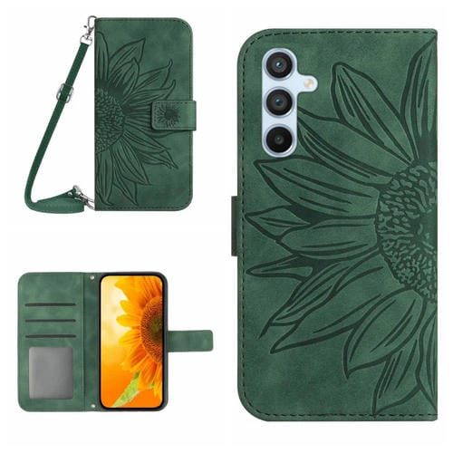 Funda para Samsung Galaxy A35 5G Skin Feel Sun Flower Cuero con Tapa En Relieve y Cordón (Verde)