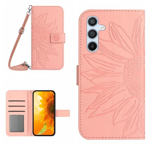 Funda de Cuero Samsung Galaxy A55 5G Skin Feel Sun Flower con Tapa En Relieve y Cordón (Rosa)