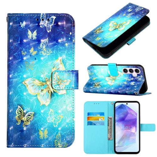 Funda para Teléfono Samsung Galaxy A55 Cuero con Tapa Horizontal Pintura 3D (Mariposa Dorada)