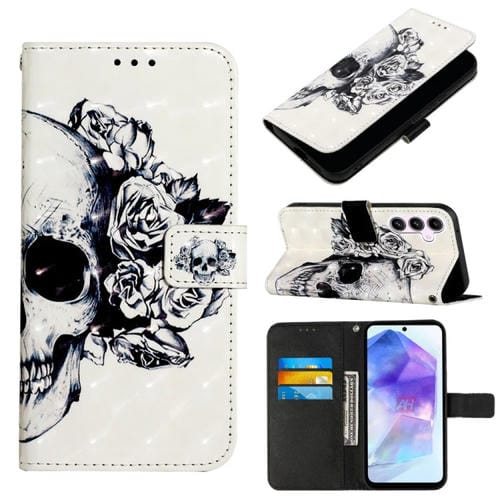 Funda para Teléfono Samsung Galaxy A55 de Cuero con Tapa Horizontal y Pintura 3D (Calavera)
