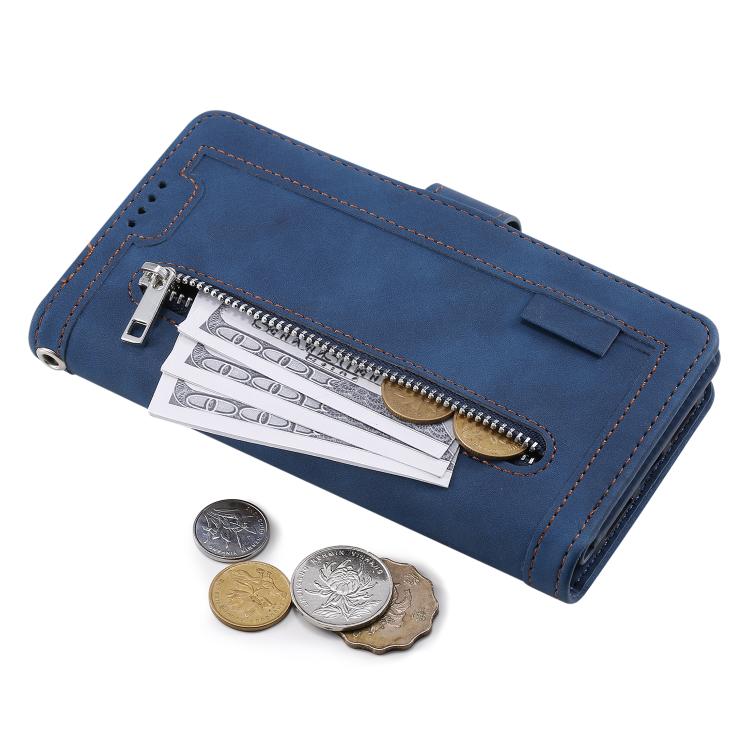 Funda de Cuero con Cremallera y Cordón para iPhone 16E (Azul)