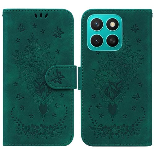 Funda de Cuero con Relieve Mariposa y Rosa para Honor X8C 4G (Verde)