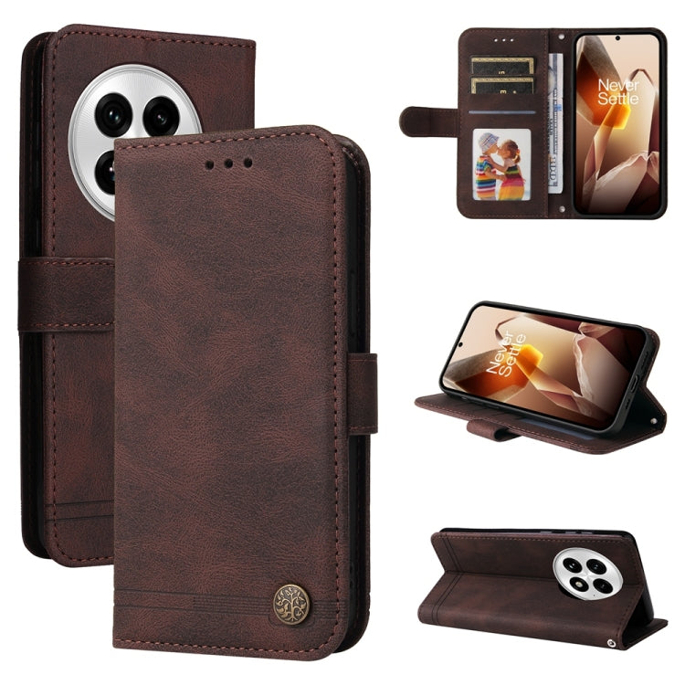 Funda de Cuero para OnePlus 13 con Botones de Metal y Diseño Árbol de la Vida (Marrón)