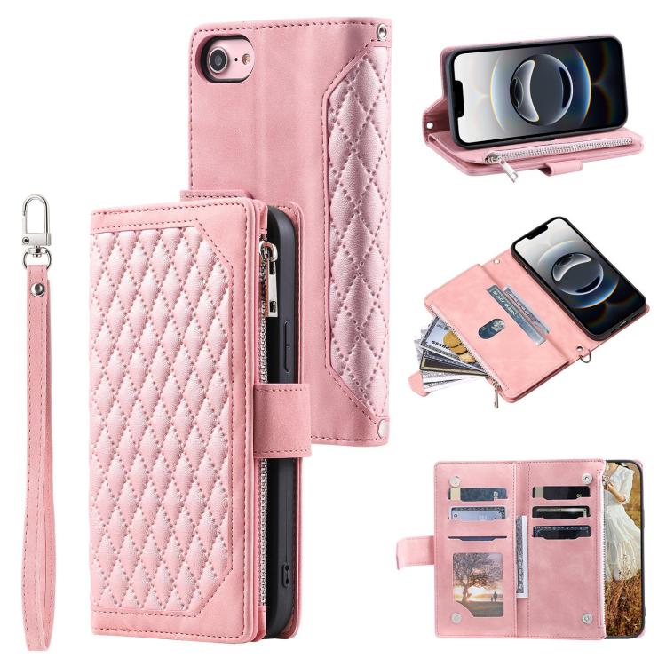 Funda de Cuero con Cremallera para iPhone 16E Textura Cuadrícula con Cordón (Oro Rosa)