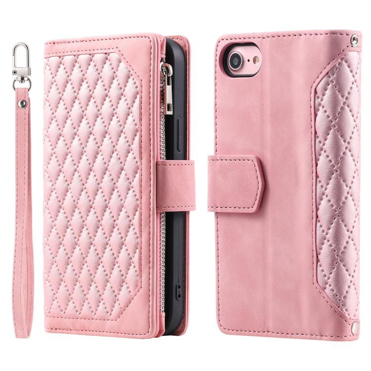 Funda de Cuero con Cremallera para iPhone 16E Textura Cuadrícula con Cordón (Oro Rosa)