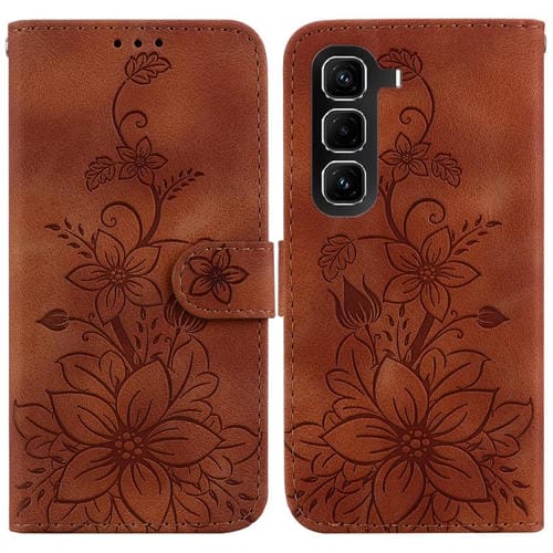 Funda de cuero con relieve de lirio para Infinix Hot 50 Pro+ 4G (marrón)