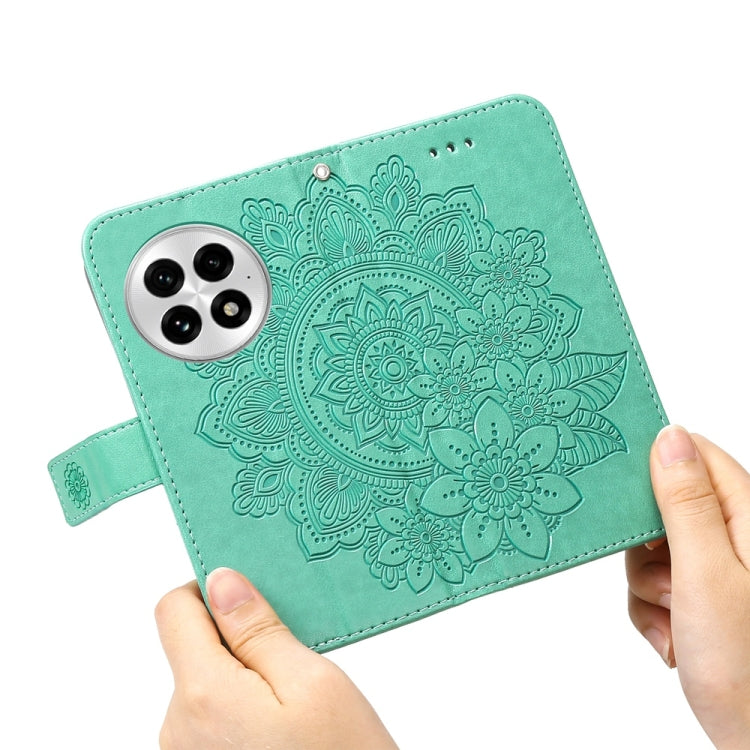 Funda de Cuero con Relieve Flores de Siete Pétalos para OnePlus 13 (Verde)