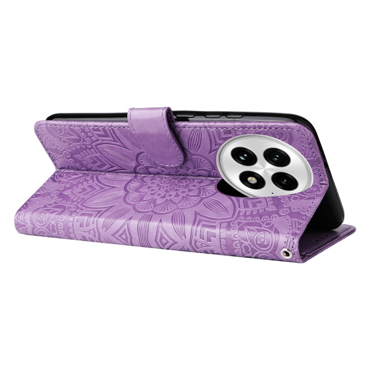 Funda de Piel para OnePlus 13 con Diseño de Girasol en Relieve (Morado)