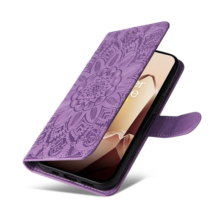 Funda de Piel para OnePlus 13 con Diseño de Girasol en Relieve (Morado)