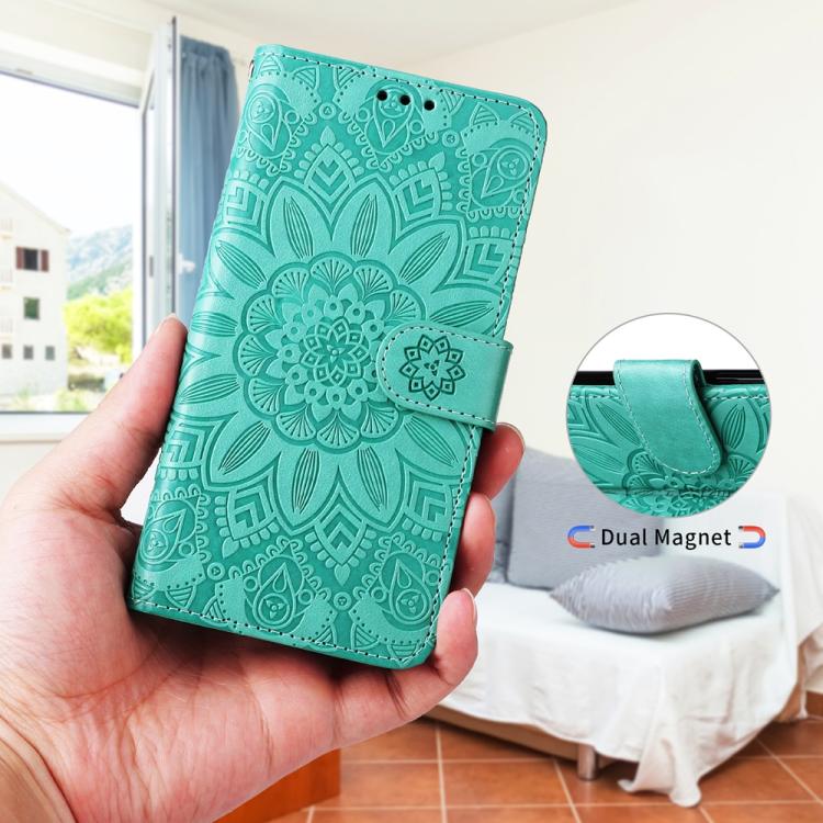 Funda de Piel con Relieve de Girasol para OnePlus 13R/Ace 5/Ace 5 Pro (Verde)