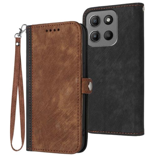 Funda de Cuero para Motorola Moto G15 con Correa de Mano y Hebilla Lateral Doble (Marrón)