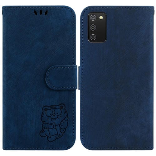 Para Samsung Galaxy A03s US 164,2 mm Funda de cuero con relieve Little Tiger para teléfono (azul oscuro)