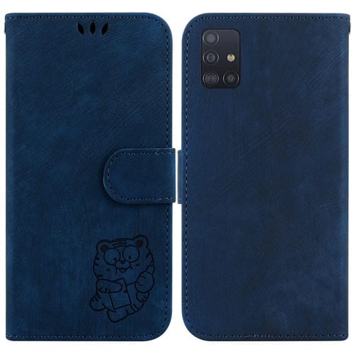 Para Samsung Galaxy A51 5G Funda de cuero con relieve Little Tiger (azul oscuro)