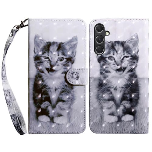 Funda de Cuero Samsung Galaxy A55 5G Pintada en 3D Gato Sonriente